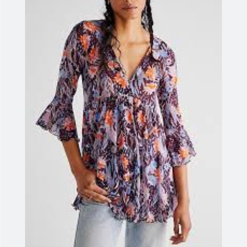 Free People Beach Babe Floral Tunic Dress Mesh Boho V Neck Purple S